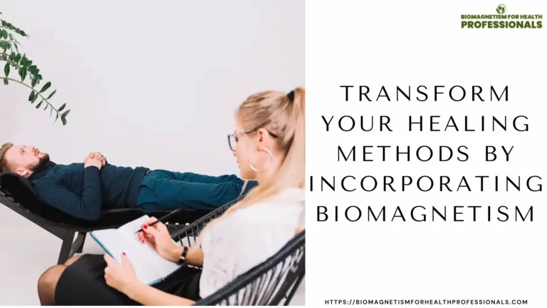 A person lying on a therapy couch with hands clasped, while another person takes notes. Text on the right reads, 'Transform your healing methods by incorporating biomagnetism